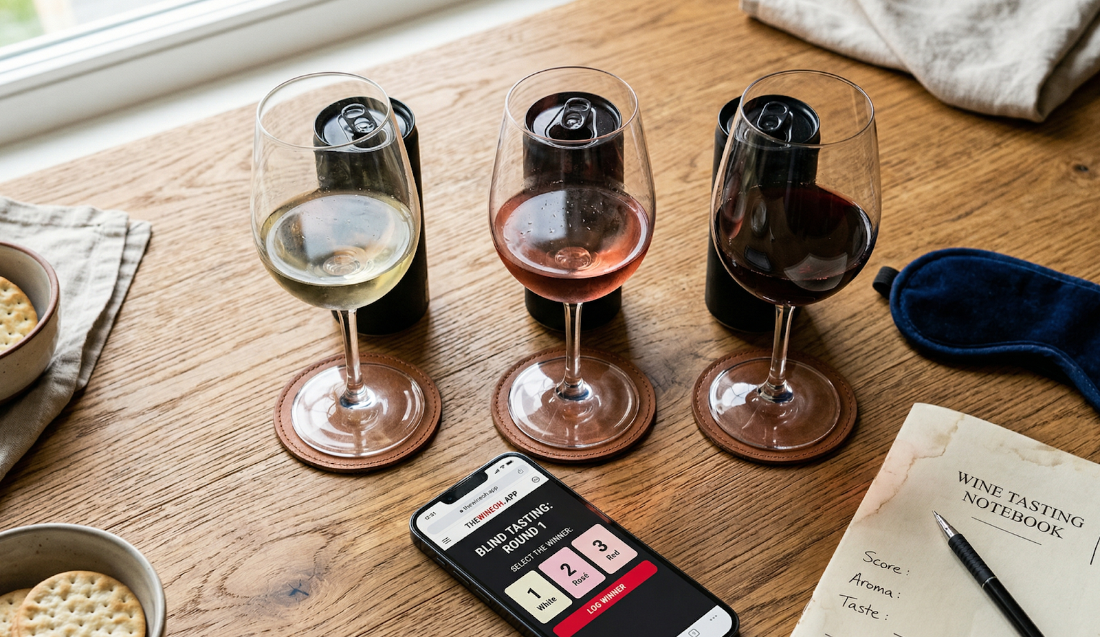 Three identical clear wine glasses poured with different wines (white, rosé, red), each with a sleek can hidden behind it, a blindfold and tasting notebook nearby, and a smartphone open to thewineoh.app ready to log