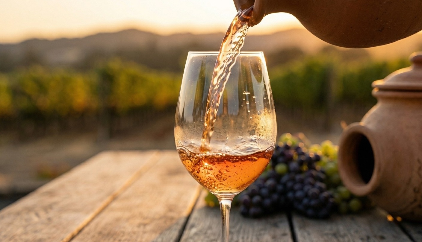 Amber-orange wine being poured into a clear wine glass, liquid catching golden hour sunlight, on rustic wooden table and grape vines in background