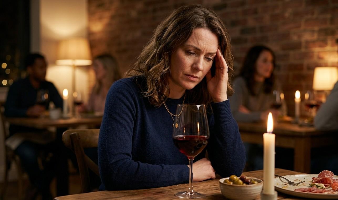 A woman sitting at a dimly lit dinner table, one hand gently pressing against her temple, expression showing early migraine pain, half-full glass of red wine in front of her