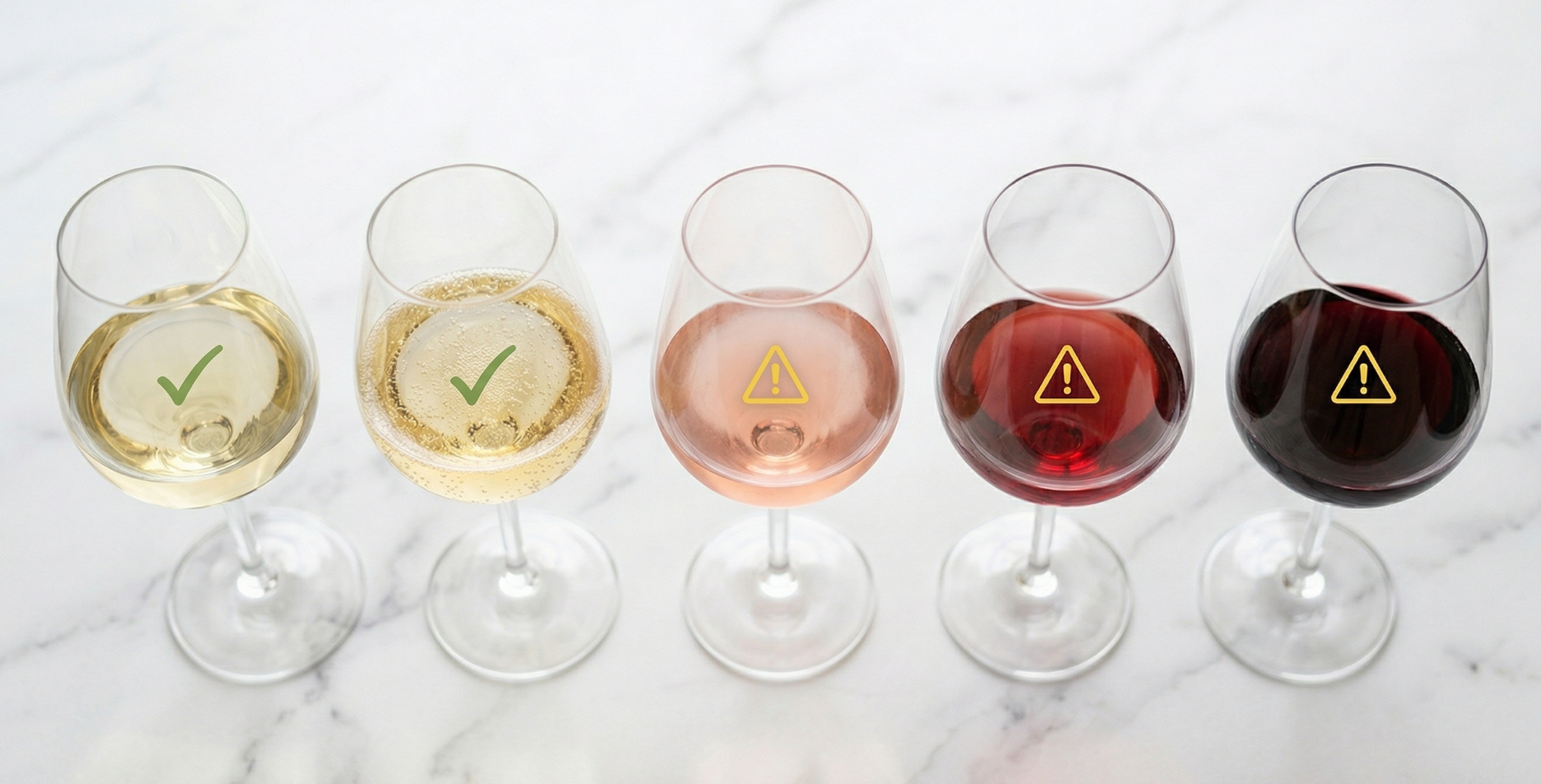 Linear arrangement of five wine glasses on a clean white marble surface, left to right: crisp white wine (pale yellow), sparkling wine (bubbly golden), dry rosé (soft pink), light red Pinot Noir (translucent ruby), bold red Cabernet (deep opaque garnet)