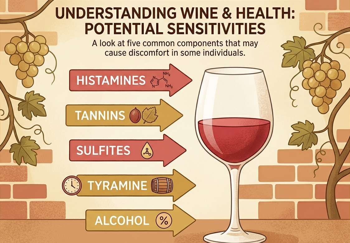 A wine glass with five labeled arrows pointing to it: histamines, tannins, sulfites, tyramine, and alcohol