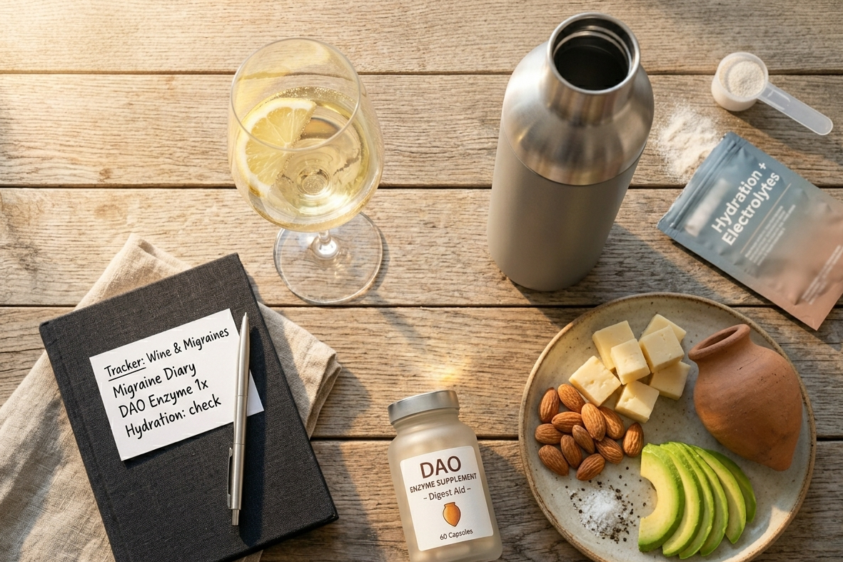 Flat lay of a migraine-prevention toolkit on a rustic wooden table: glass of white wine with lemon wedge, large water bottle with electrolyte powder, plate of protein snacks, small notebook and pen for tracking, DAO enzyme supplement bottle.