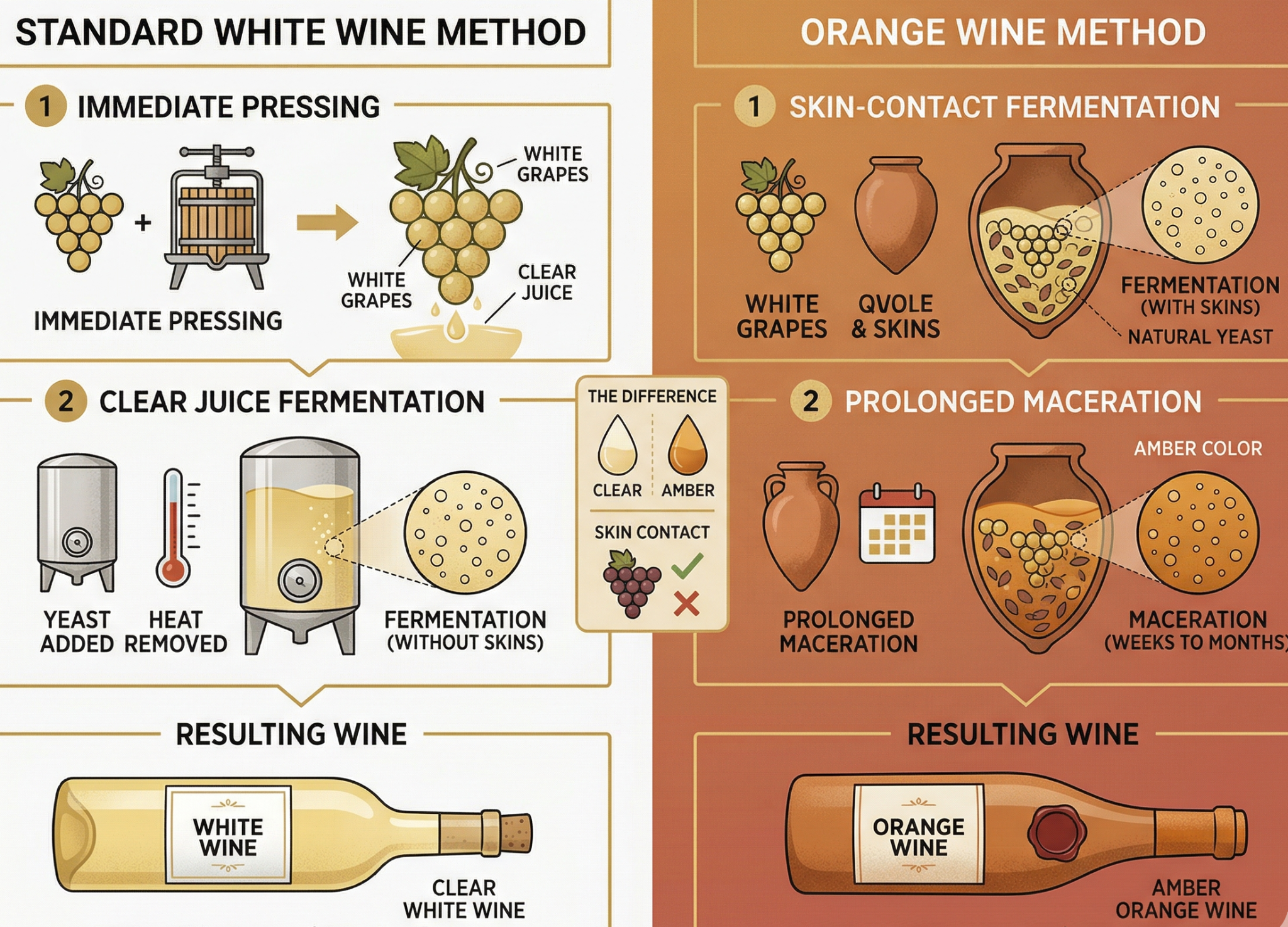 A split-view illustration: left side shows white grapes being pressed immediately for standard white wine, right side shows white grapes fermenting with skins for orange wine