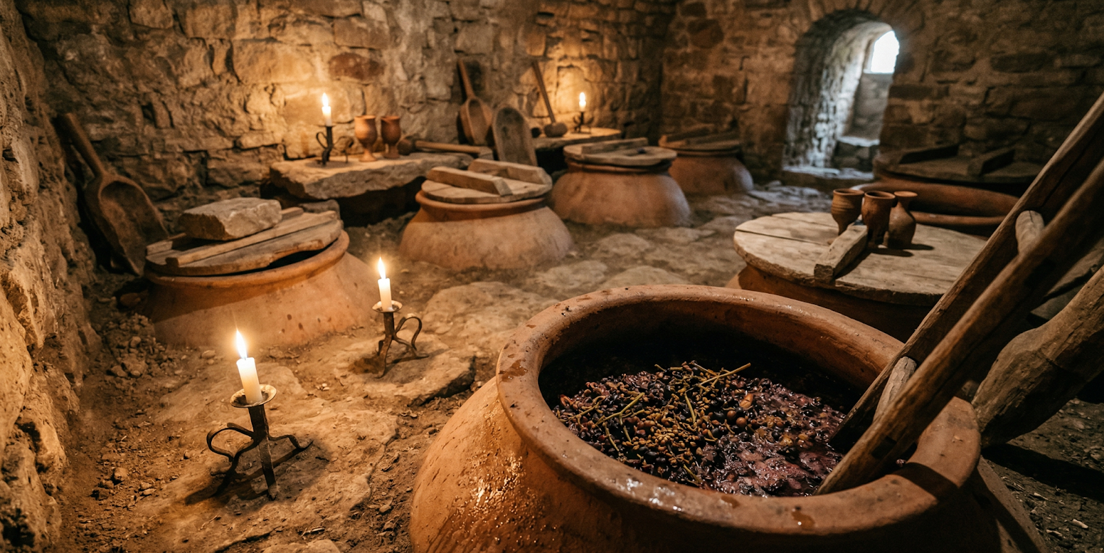 Ancient Georgian winemaking scene: large clay jars buried underground in rustic stone cellar, candlelight, grape stems and skins visible inside open jar