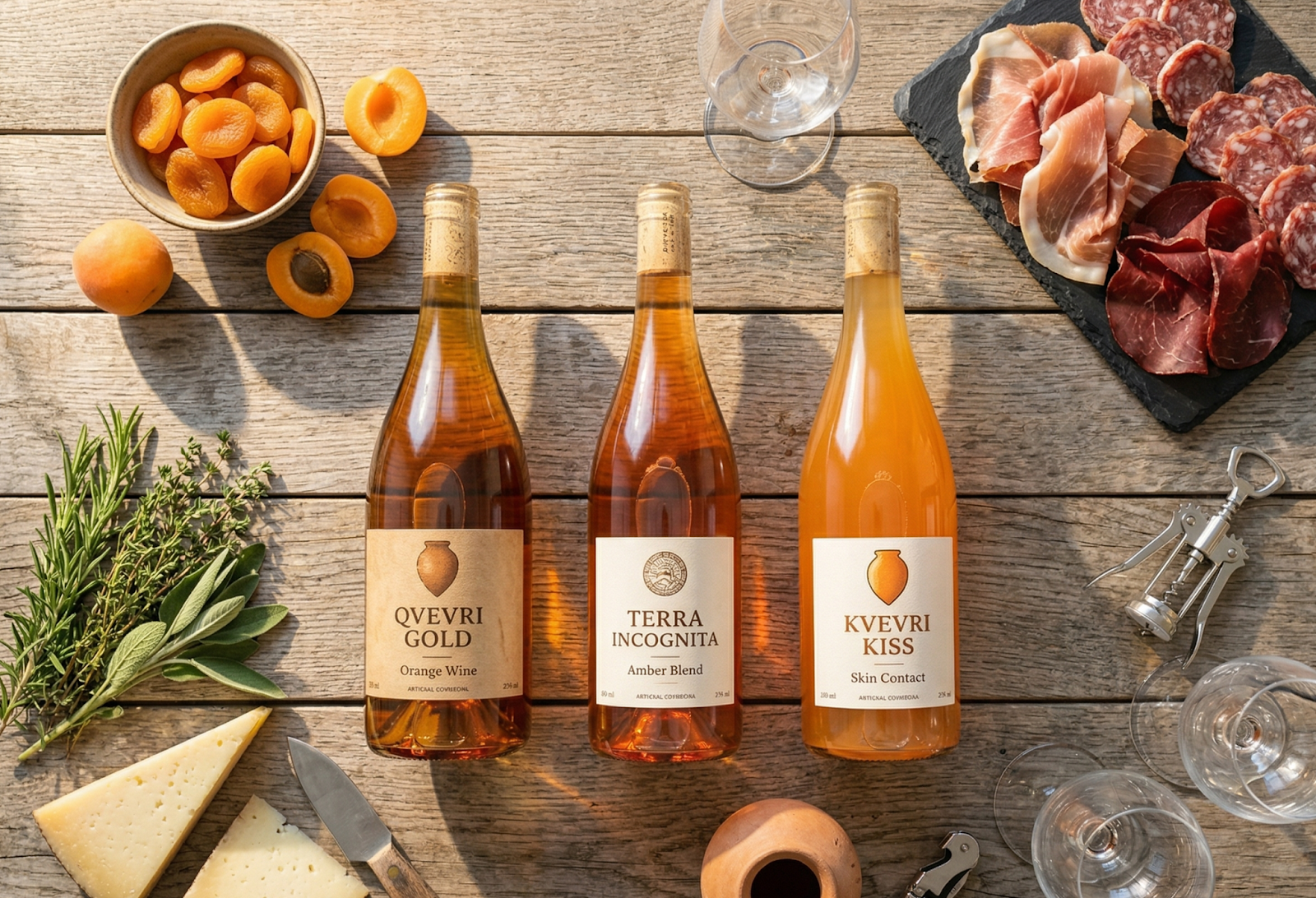 Flat lay of three different orange wine bottles on rustic wooden table, each with distinct amber/copper/orange hues visible through glass, surrounded by food pairing elements