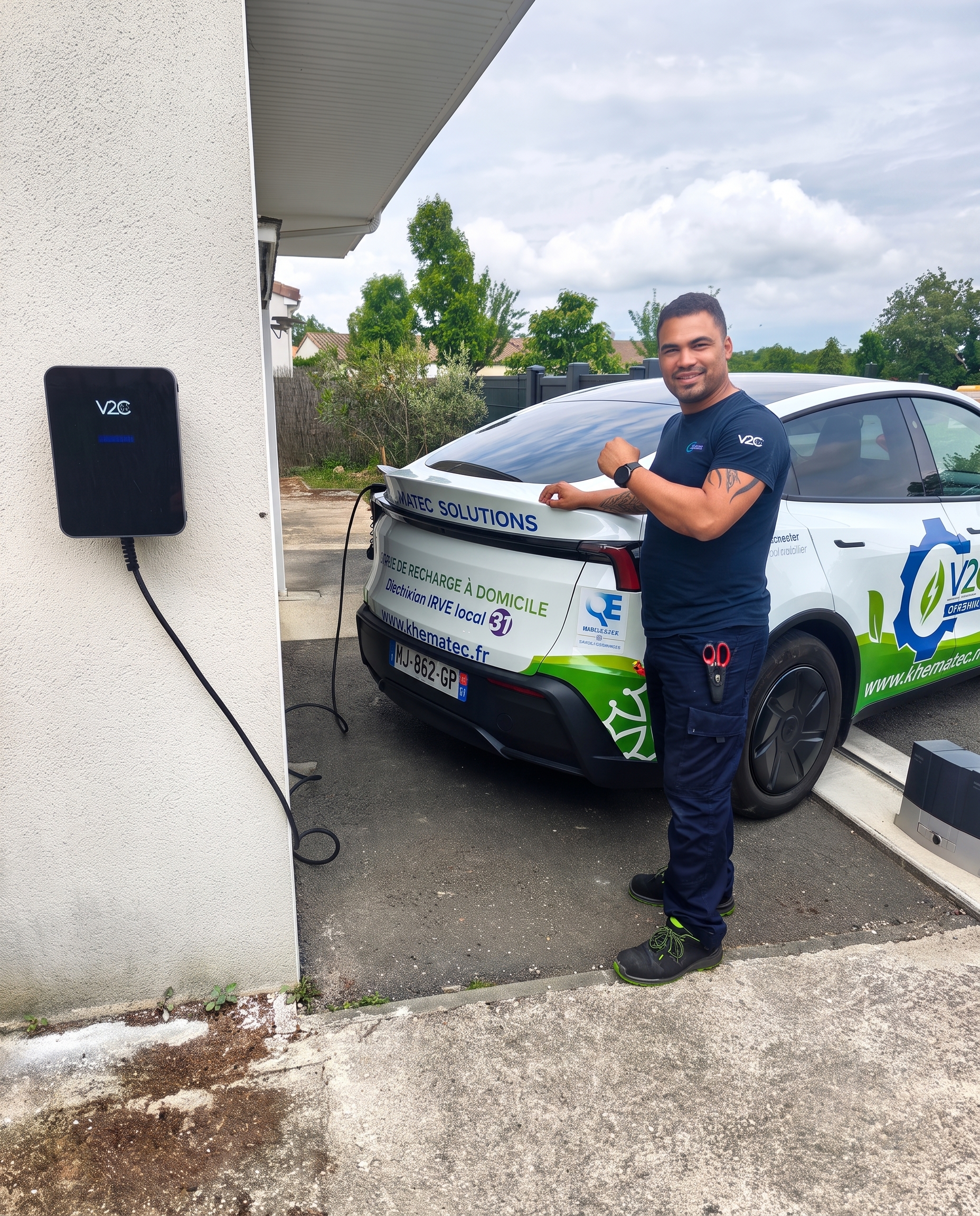 Photo de Ronmell Carreras, gérant de l'entreprise Khematec Solutions, à côté d'une borne V2C qu'il vient tout juste d'installer et devant sa Tesla brandé Khematec Solutions.