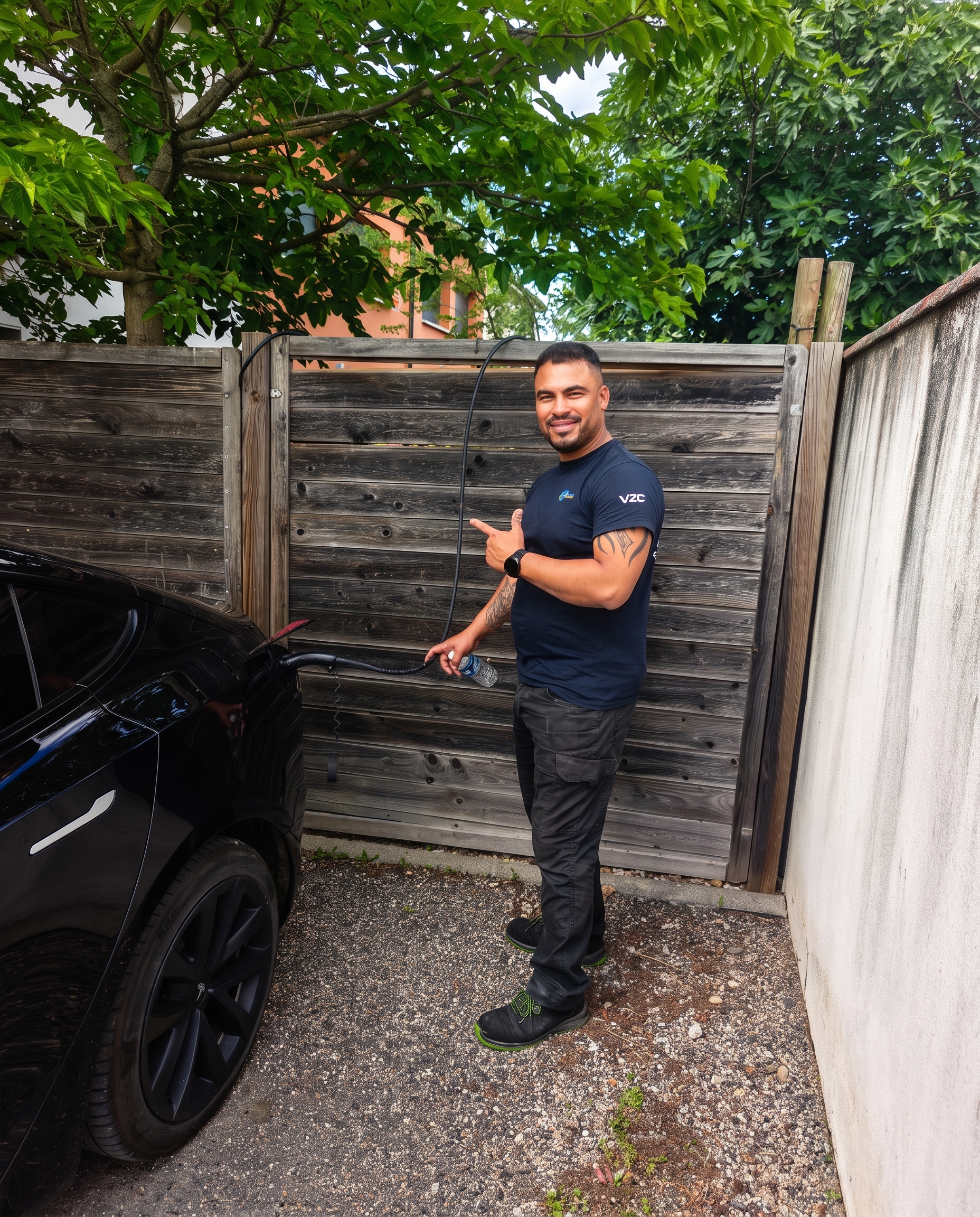 Installation de borne de recharge à Sainte-Foy-de-Peyrolières par Khematec Solutions pour charger une Tesla noire.