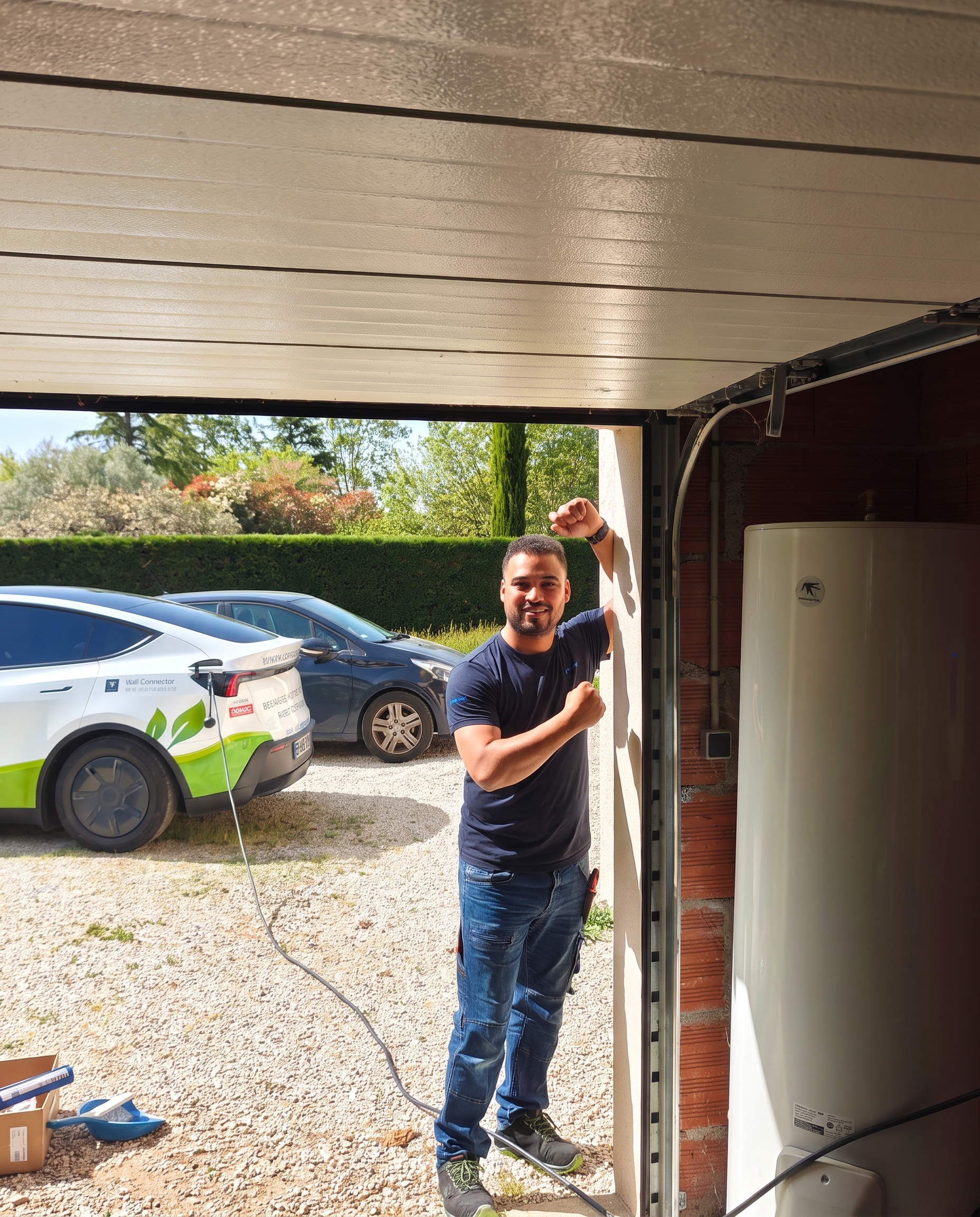 Expert Khematec Solutions devant une installation de borne de recharge à Villemur-sur-Tarn pour une Tesla blanche.