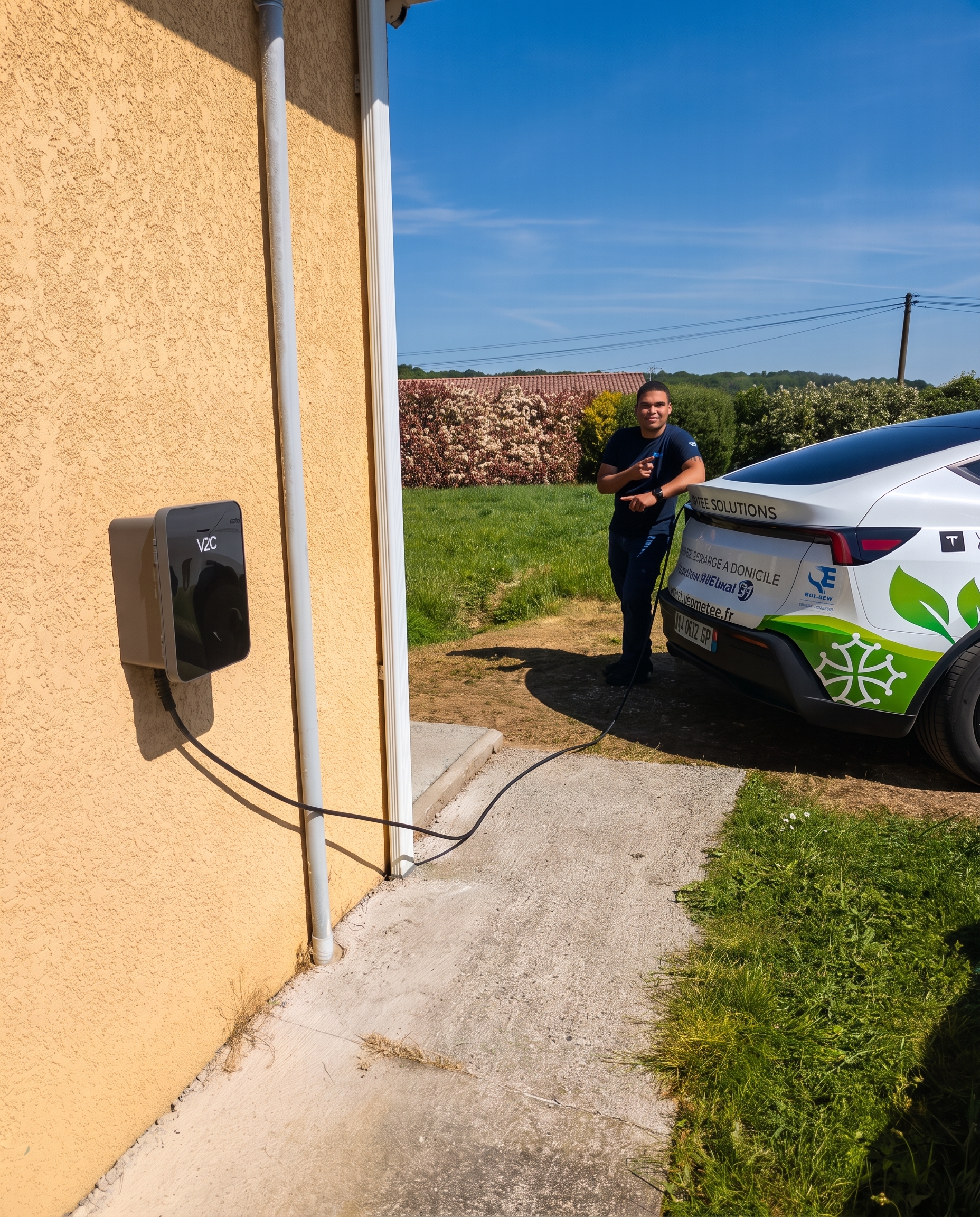 Installation de borne de recharge à Ramonville-Saint-Agne par Khematec Solutions, boîtier mural sur façade ocre.