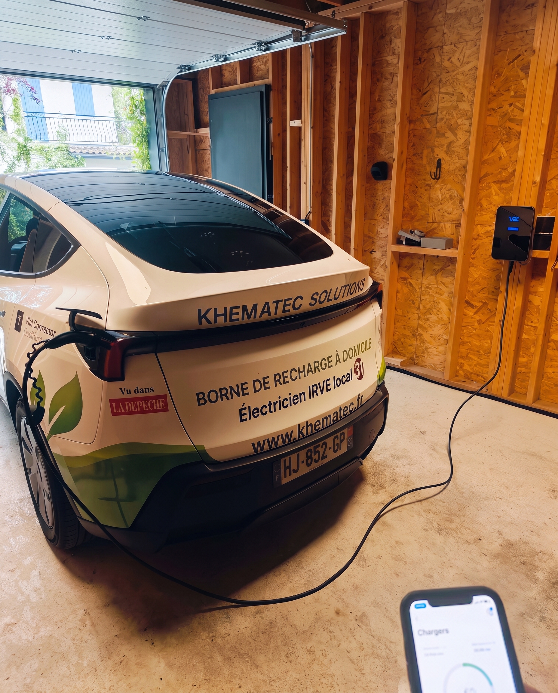 {"alt": "Installation de borne de recharge à Pechbusque par Khematec Solutions, borne murale et voiture dans un
