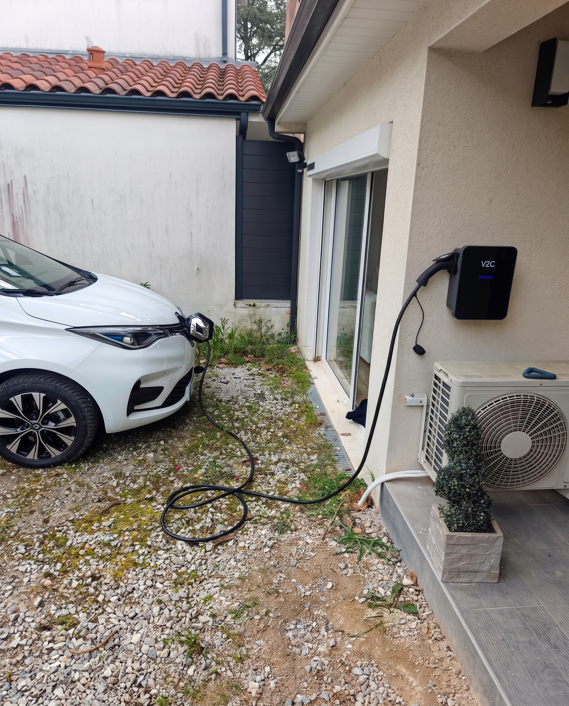 Borne murale noire en charge, installation de borne de recharge à Vieille-Toulouse réalisée par Khematec Solutions.