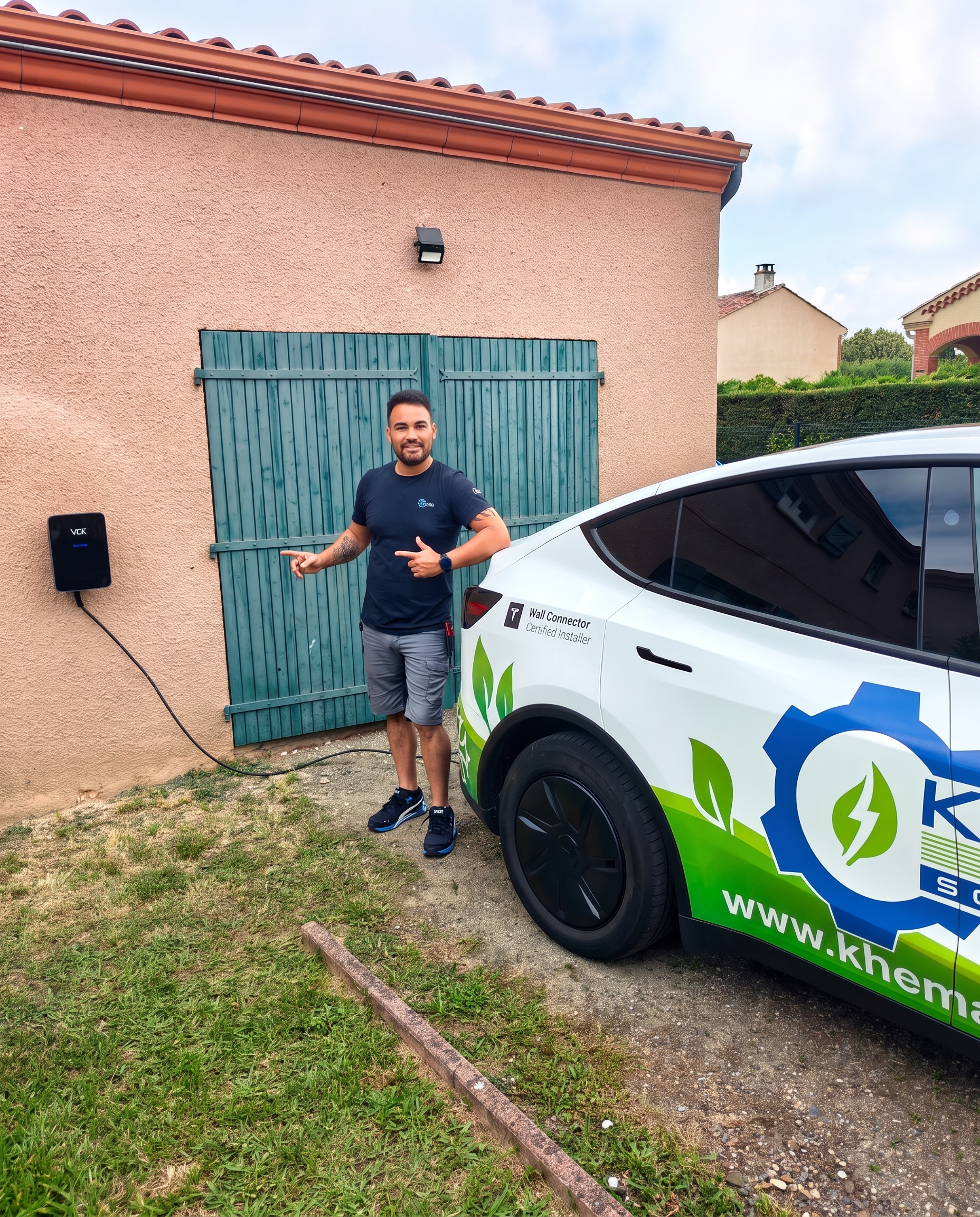 Installation de borne de recharge à Tournefeuille par Khematec Solutions, borne murale noire près d'un volet vert.