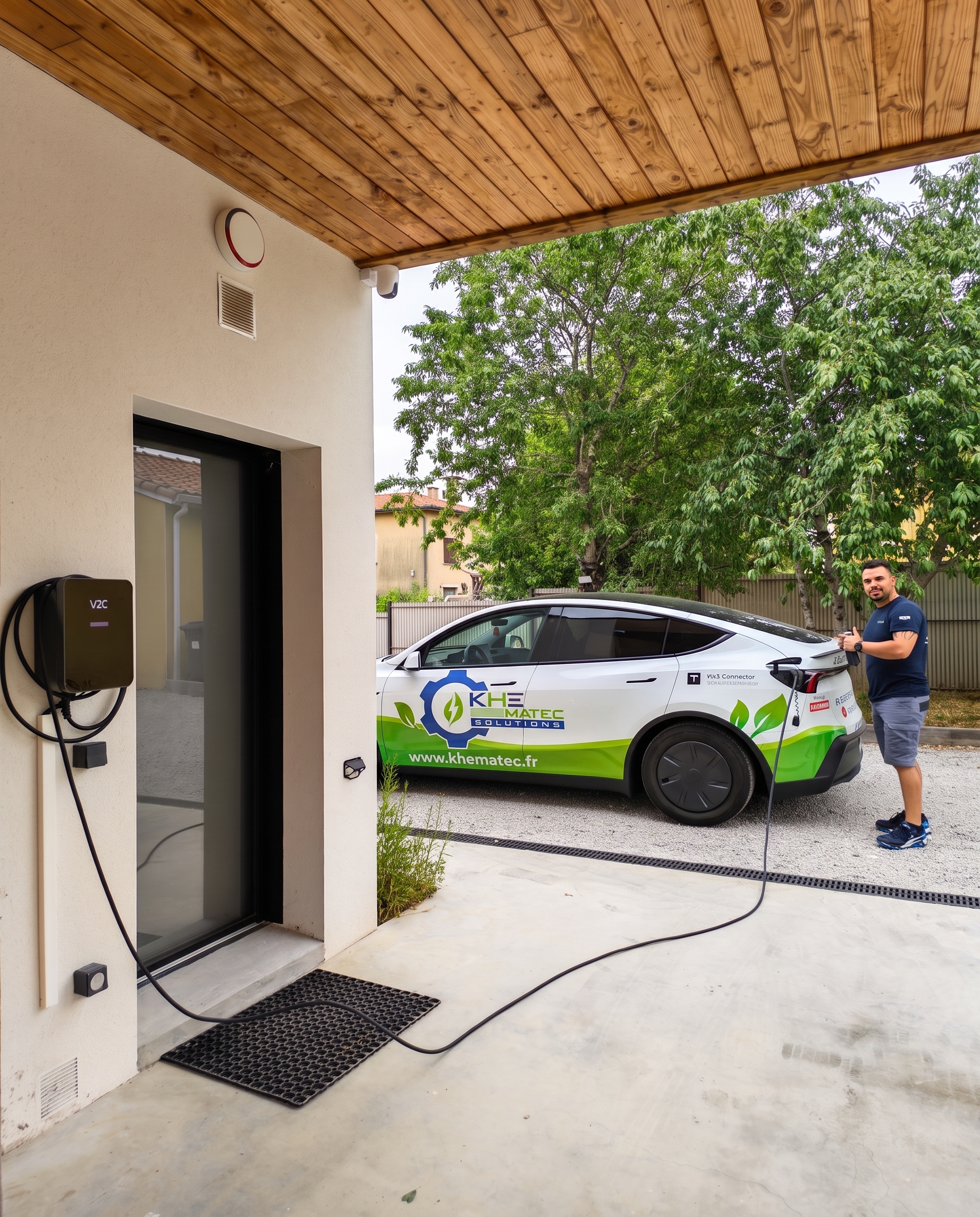 Installation de borne de recharge à Saint-Jean par Khematec Solutions avec borne murale et véhicule de service.
