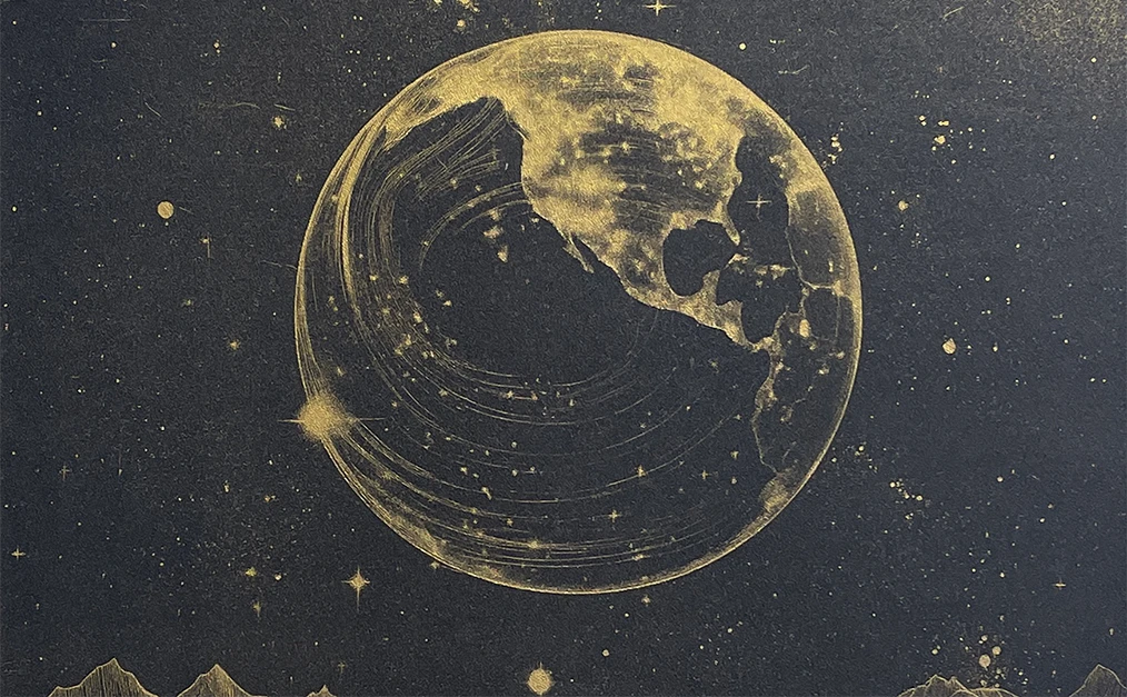 Details of Éveil d'Aurore artwork, 24K Gold on Calfskin, 2025, Daumet