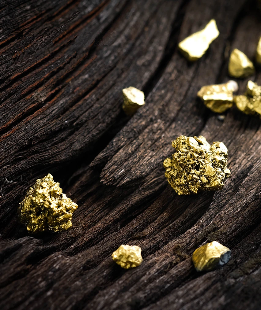 Golden nuggets on wood