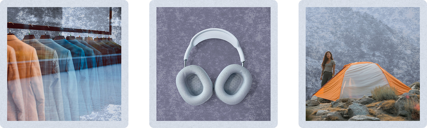 Visuals of jackets, headphones, and a tent symbolizing BFCM marketing strategies including cart recovery, product discovery, and ad targeting for Black Friday and Cyber Monday.