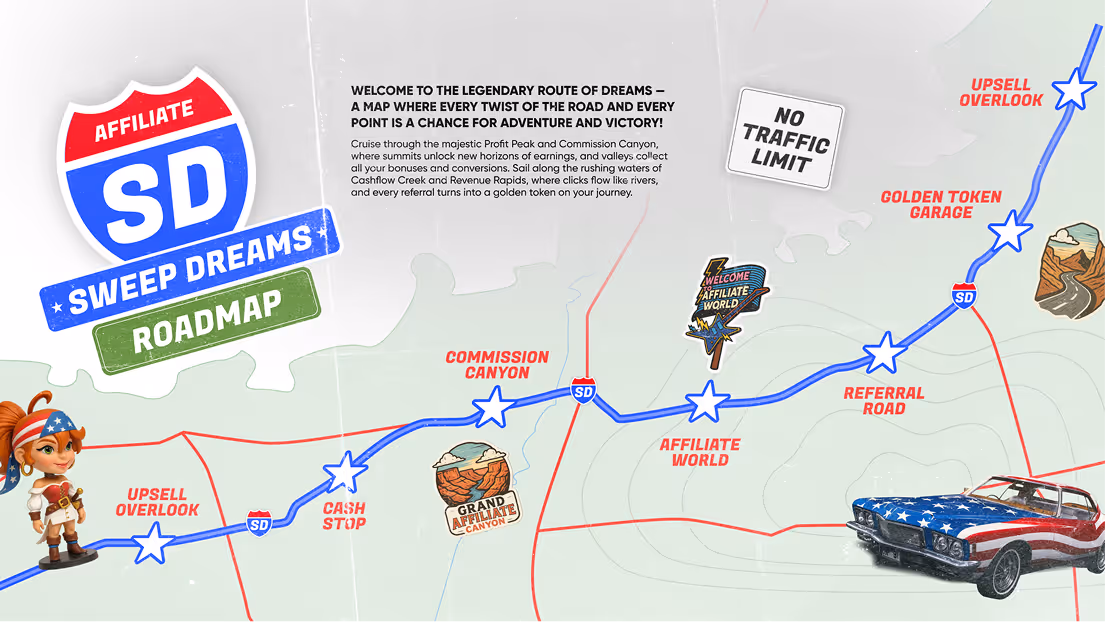 Illustrated roadmap titled Sweep Dreams Affiliate showing a blue route passing landmarks like Upsell Overlook, Cash Stop, Commission Canyon, Affiliate World, Referral Road, and Golden Token Garage, featuring a character and a car with an American flag design.