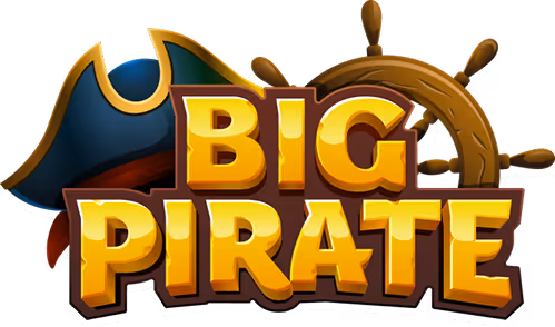 Text 'BIG PIRATE' in bold yellow letters with a pirate hat and ship steering wheel behind it.