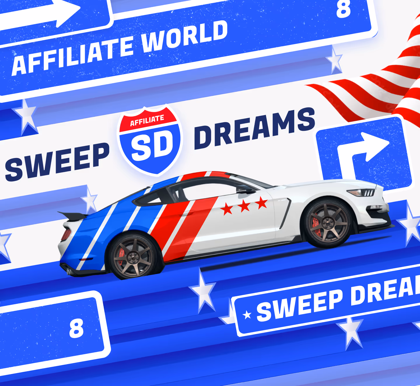 White sports car with red and blue stripes and three red stars, set against a blue and white background with text 'Sweep Dreams' and 'Affiliate World'.