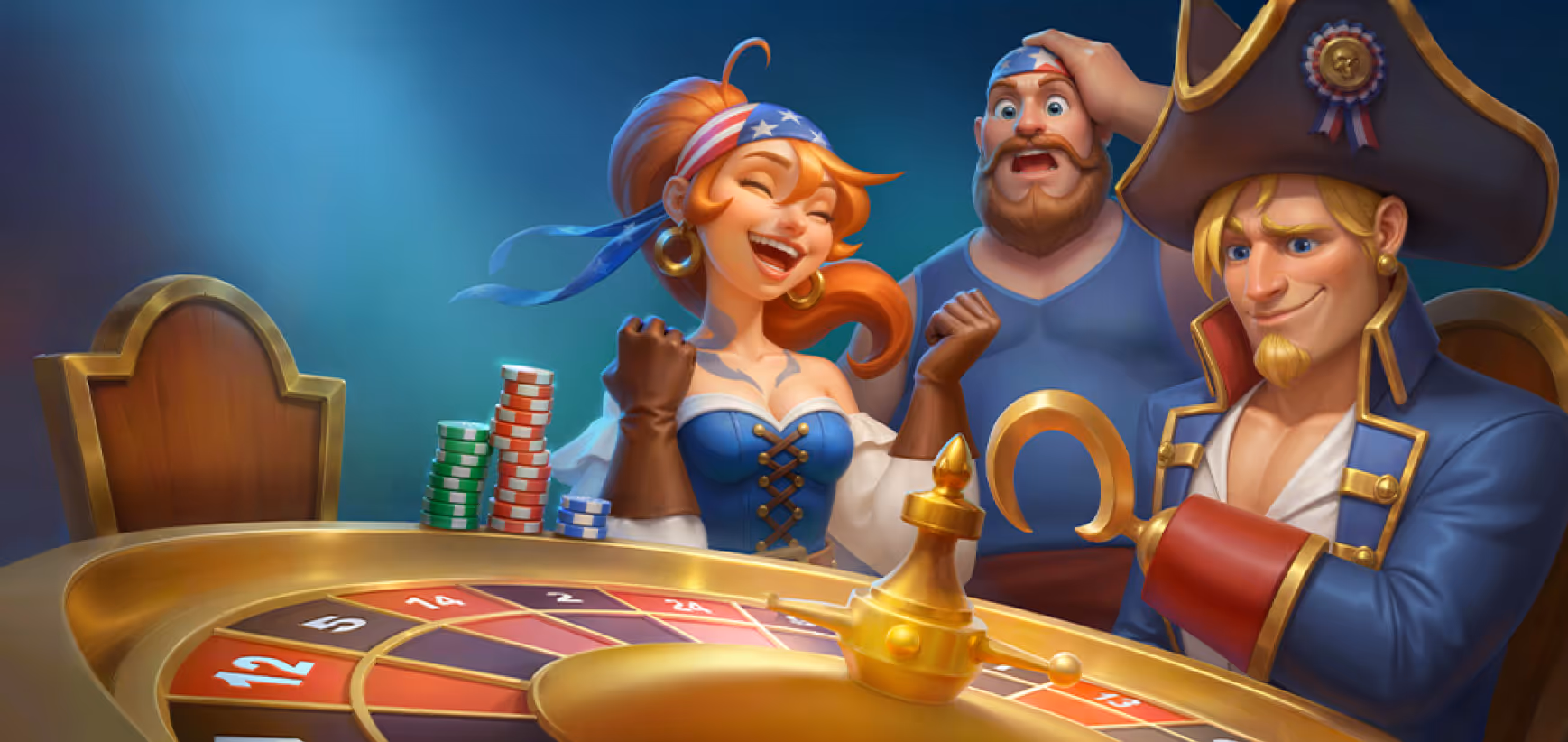 Three animated pirates celebrating at a roulette table with poker chips stacked nearby.