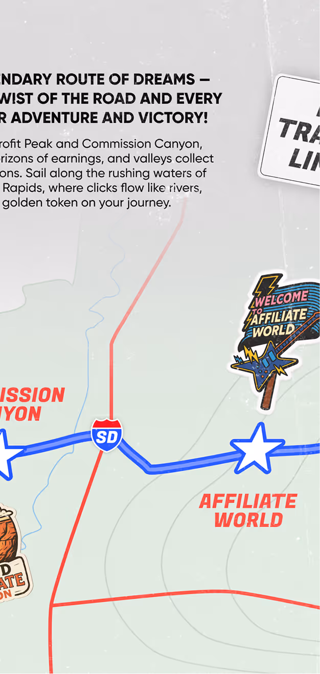 Illustrated map with a blue route marked by stars connecting locations including Commission Canyon and Affiliate World, featuring text about an adventurous path and a sticker reading 'Welcome to Affiliate World.'