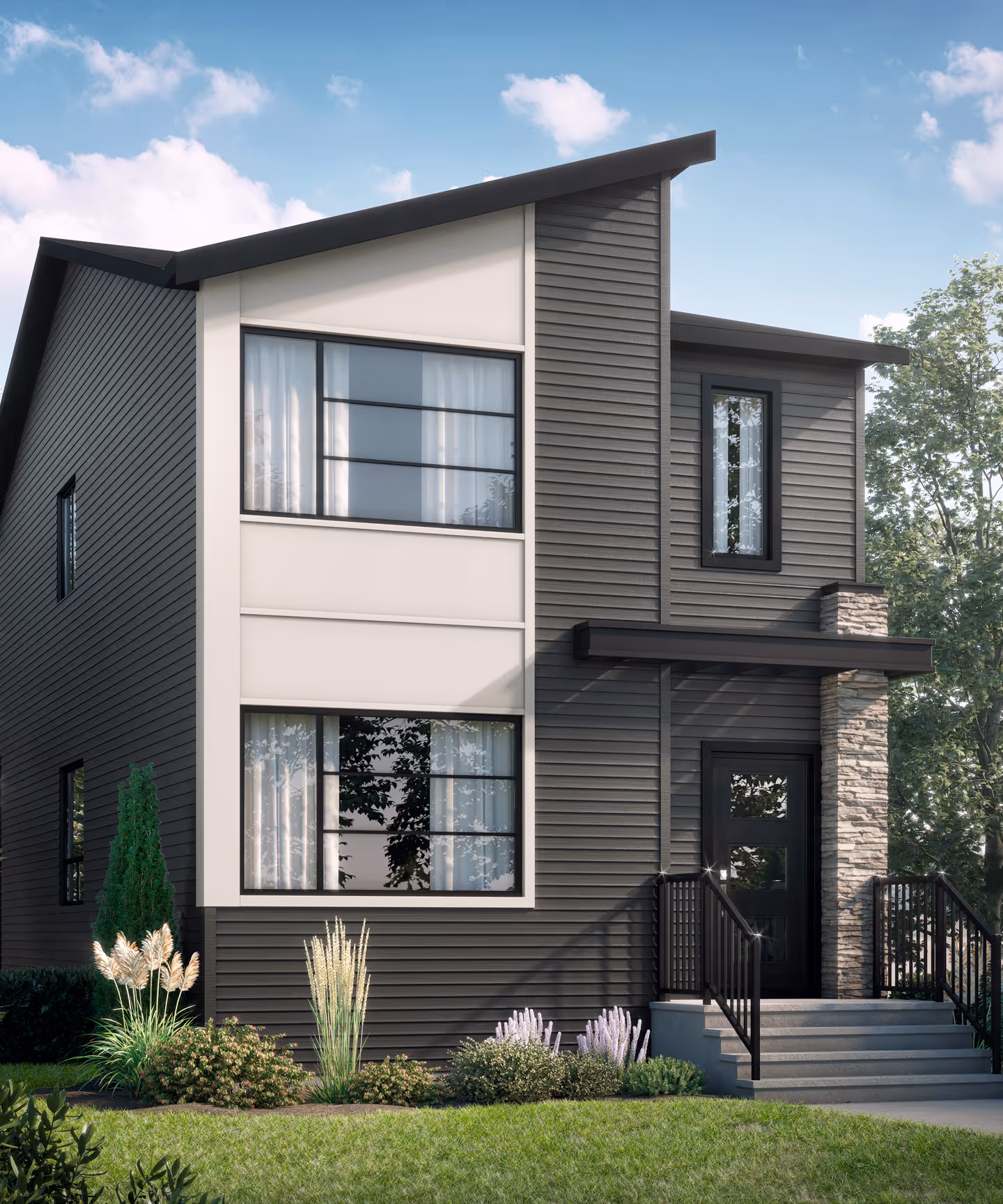 Modern two-story house with dark gray siding, large windows, stone column by the entrance, and landscaped lawn.