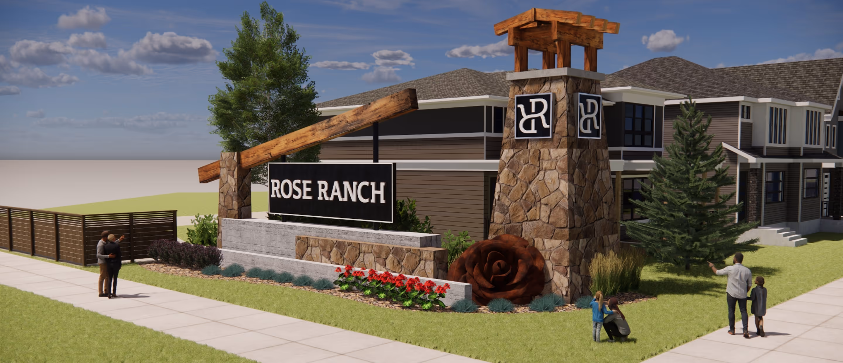 Stone and wood entrance sign for Rose Ranch with surrounding landscaping and people walking on sidewalks near residential homes.