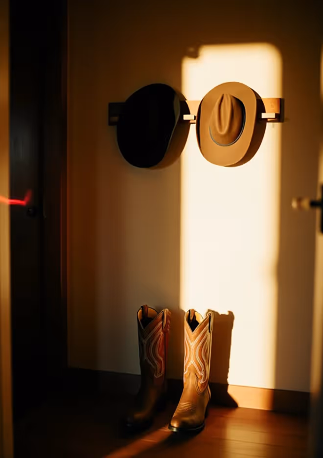 Sunlight illuminating two cowboy hats hanging on a wall and a pair of cowboy boots on a wooden floor.