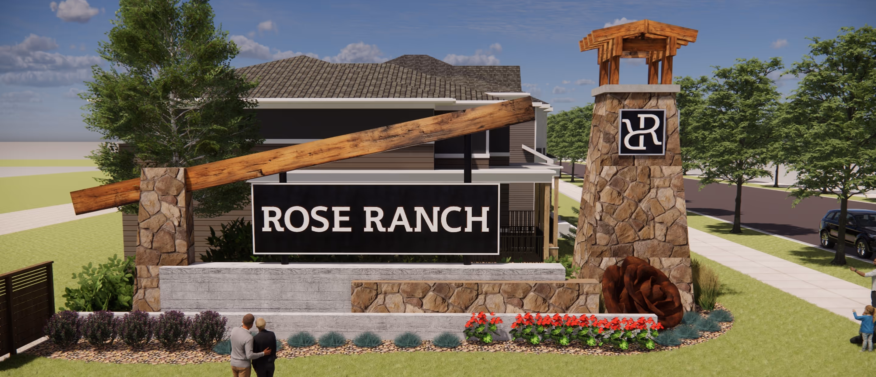 Entrance sign of Rose Ranch with stone pillars, wooden beam, flower beds, and people nearby.