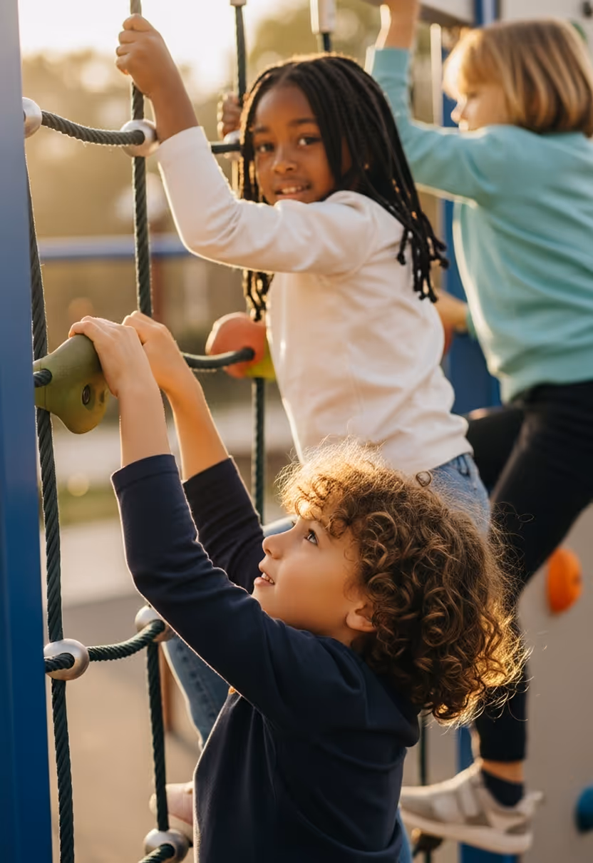 Three children climbing on playground rope structure during daytime.
