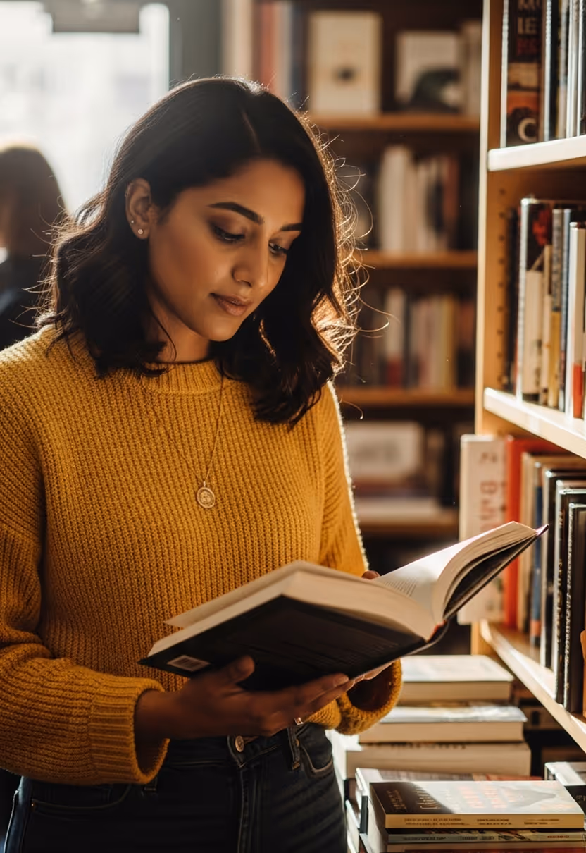 Woman in a mustard sweater reading a book in a cozy bookstore or library.