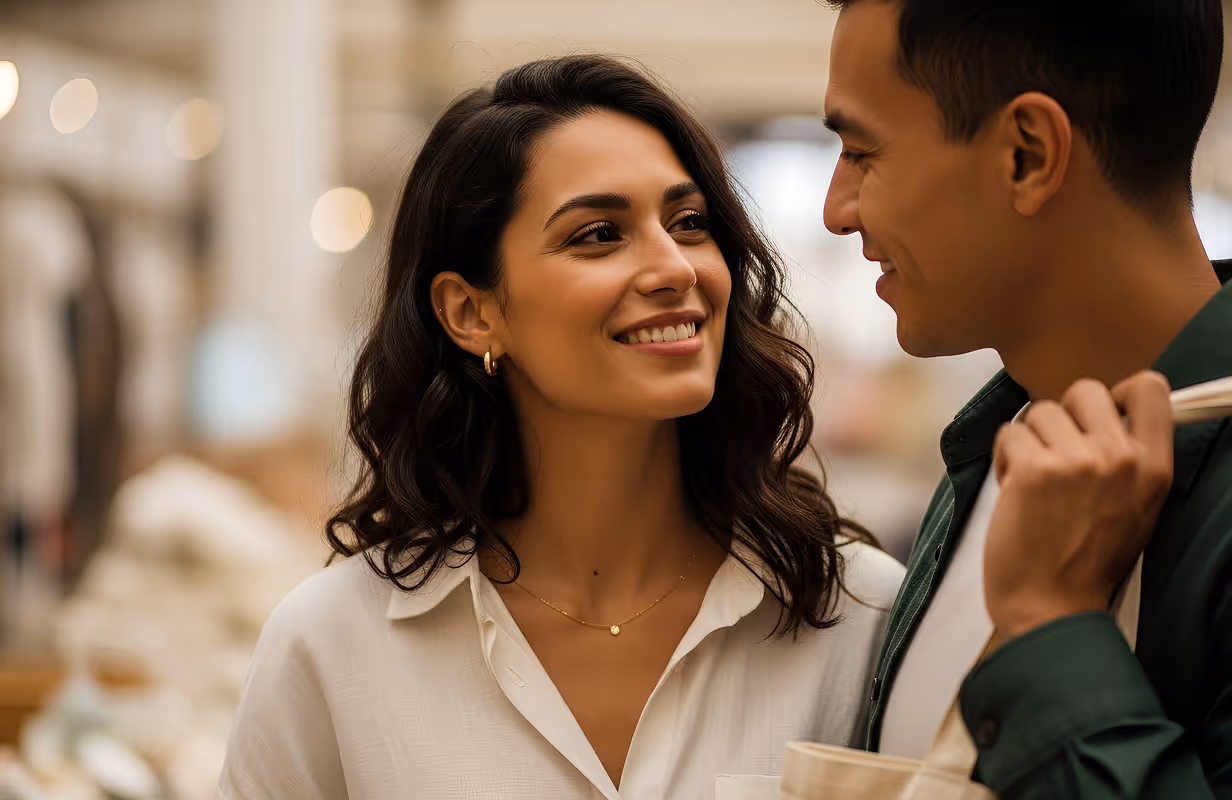 Smiling young woman with dark curly hair looking at a man carrying a tote bag over his shoulder indoors.