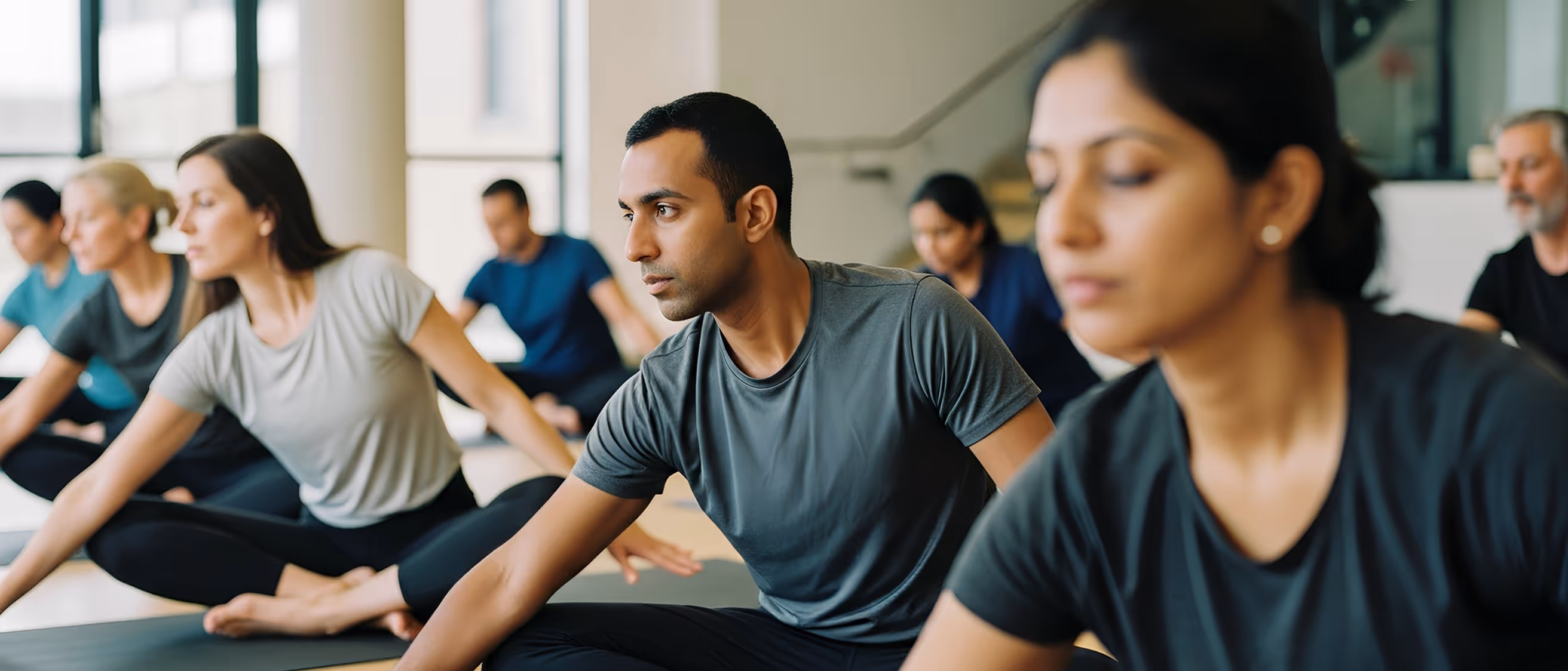 A diverse group of men and women practicing yoga in a bright studio, seated on mats and stretching with focused expressions.