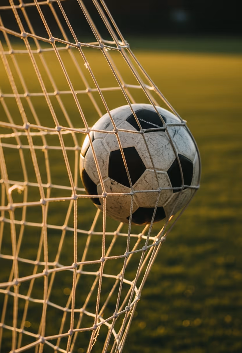Soccer ball caught in the net of a goal on a grassy field at sunset.