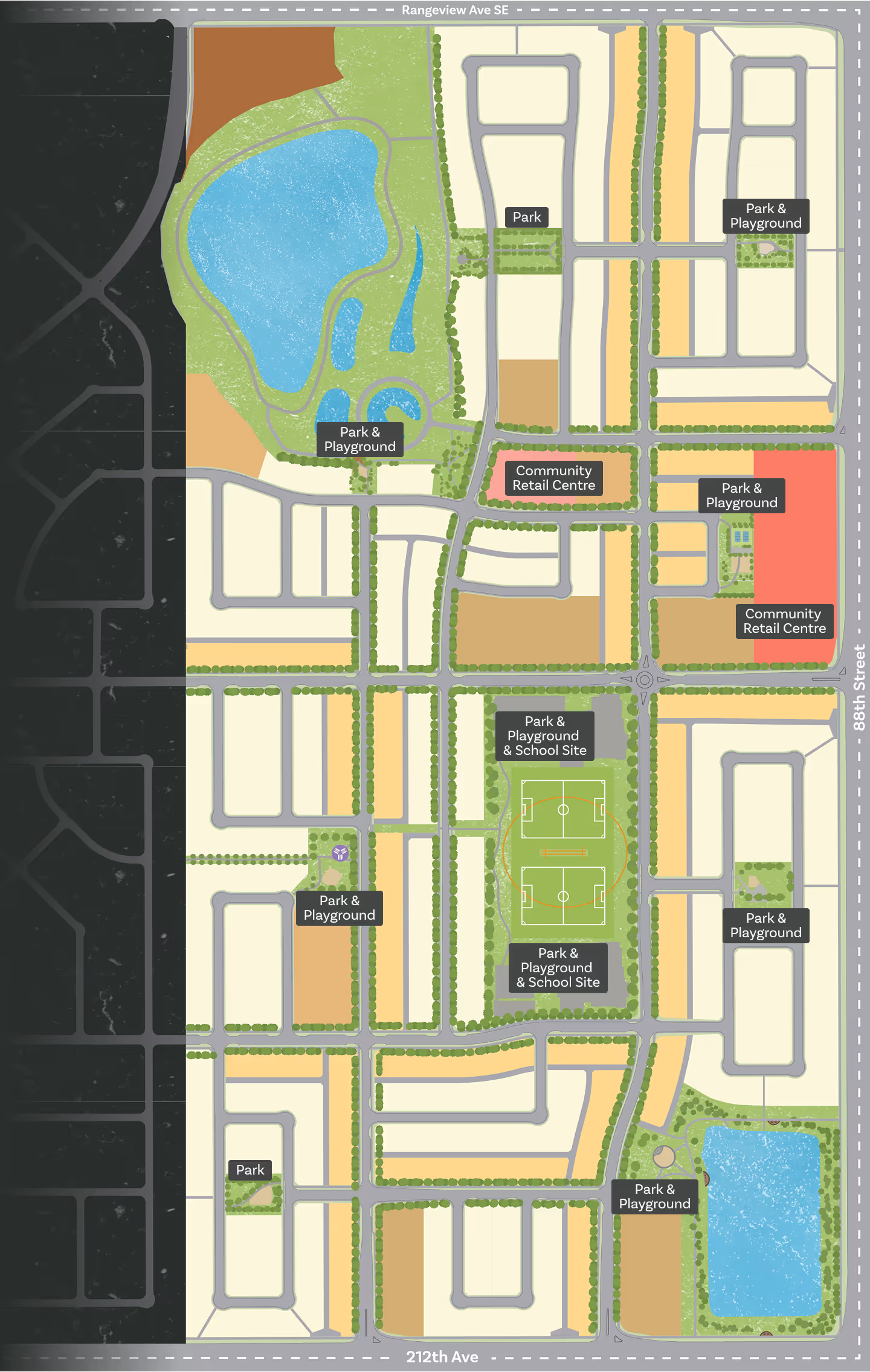 Map of a residential area showing parks, playgrounds, school sites, community retail centers, streets, and two large water bodies labeled with street names Rangeview Ave SE, 88th Street, and 212th Ave.