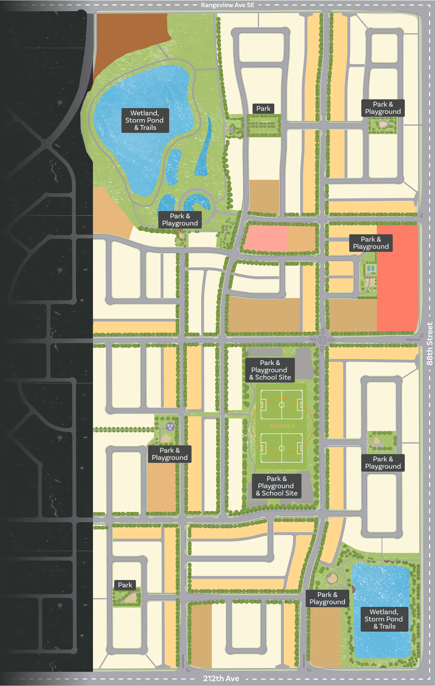 Map of a neighborhood showing multiple parks, playgrounds, school sites, wetlands, storm ponds, trails, and surrounding streets Rangeview Ave SE, 88th Street, and 212th Ave.