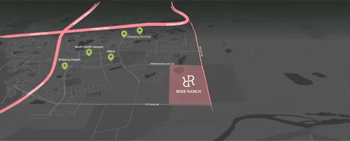Map highlighting Rose Ranch area bordered by Rangeview Ave SE, 212 Ave SE, and 88 St SE with nearby landmarks including South Health Campus, YMCA, and shopping districts along Deerfoot Trail and Stoney Trail.