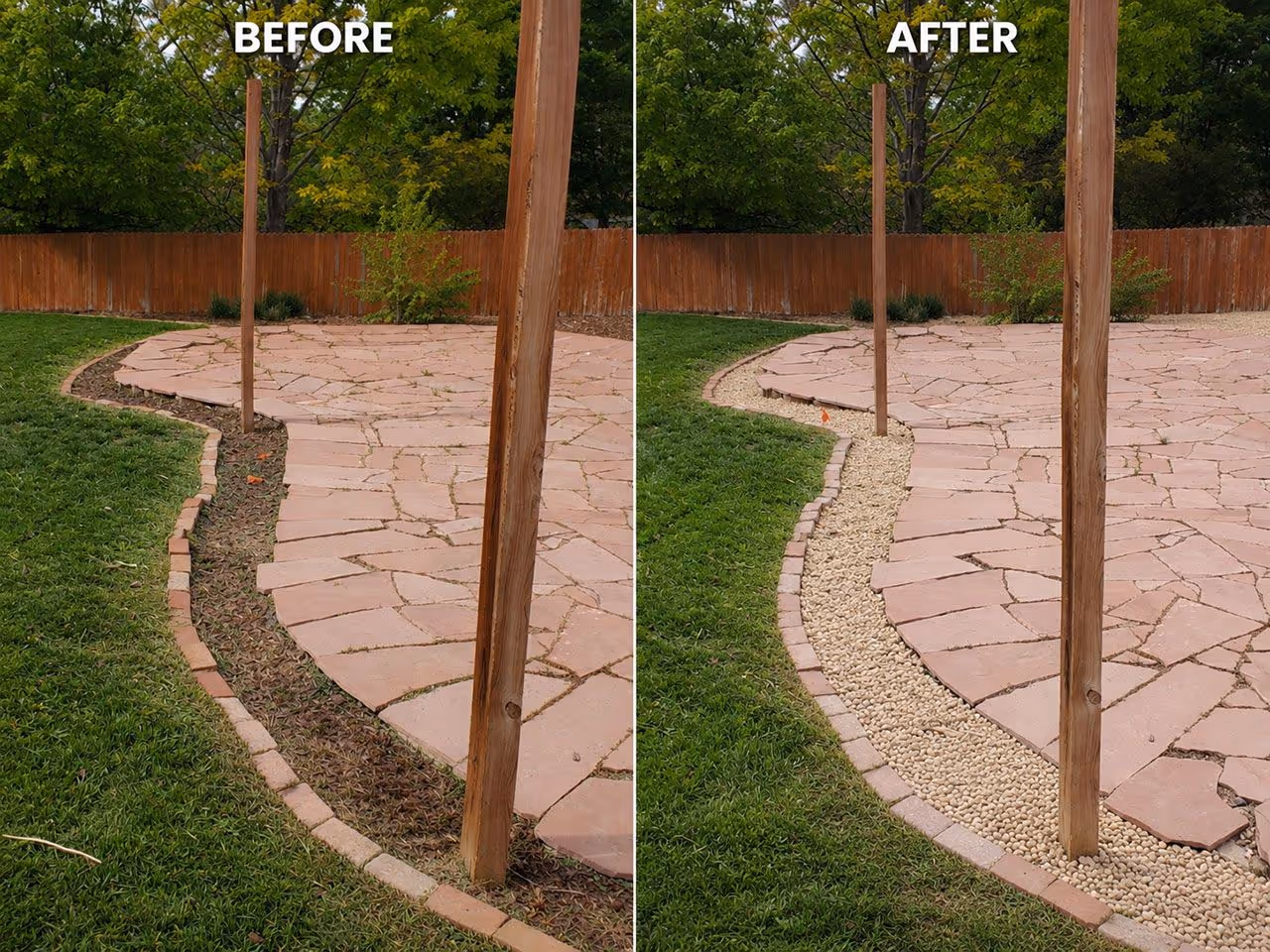 Before and after backyard transformation with lawn care and hardscaping by LawnStreat