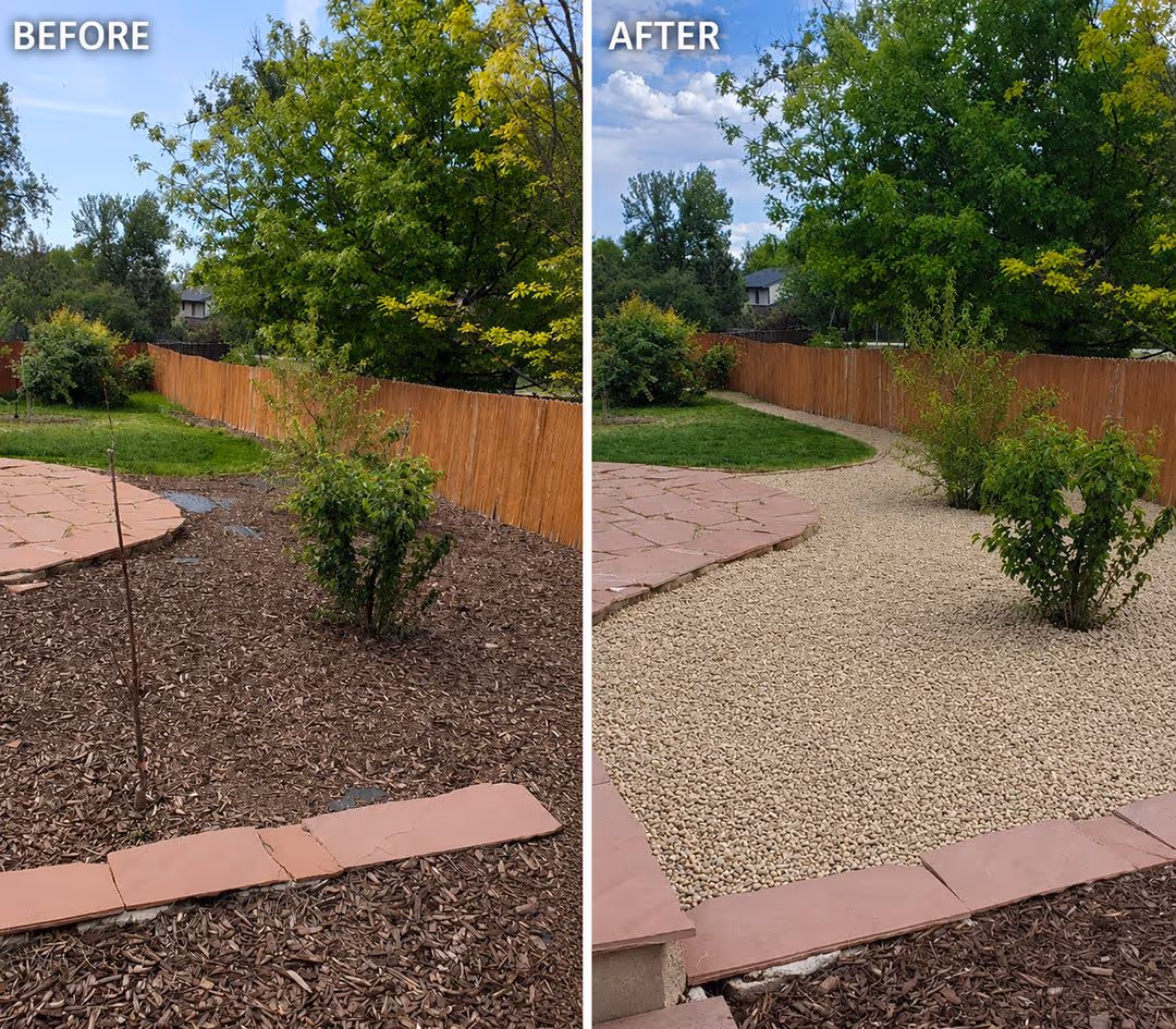 Before and after complete front yard landscaping makeover in Northglenn, Colorado
