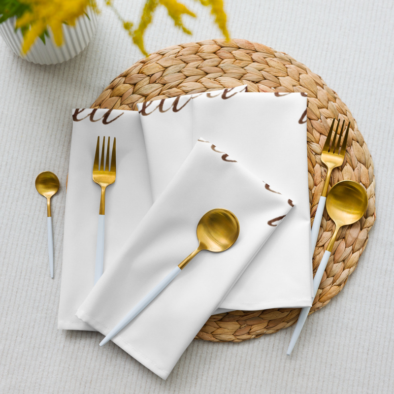 Revamp your dining experience with our custom cloth napkin set. Every pack comes with 4 soft, lightweight, and pliable napkins, each with a unique design for that personal touch. Great for special dinners or everyday use, these napkins add a dash of design and comfort to any mealtime. 

• 100% polyester 
• Soft-to-the-touch broadcloth fabric
• 20″ x 20″ (50.8 cm x 50.8 cm) 
• Printed top with non-printed white bottom 
• Hemmed on all sides