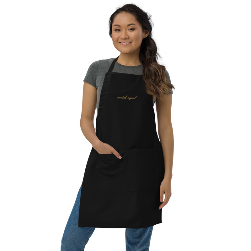 Thanks to this embroidered apron you don't have to worry about keeping your clothes clean when cooking! The neck loop and long ties, two front pockets, and intricate embroidery in front all come together in an eye-catching and comfy accessory that'll make you long for more time in the kitchen.

• 70% polyester, 30% cotton
• Fabric weight: 9 oz/yd² (305 g/m²)
• Size: 20″ × 30″ (50.8 cm × 76.2 cm)
• Adjustable neck loop and long ties
• Two front pockets
• Blank product sourced from China
