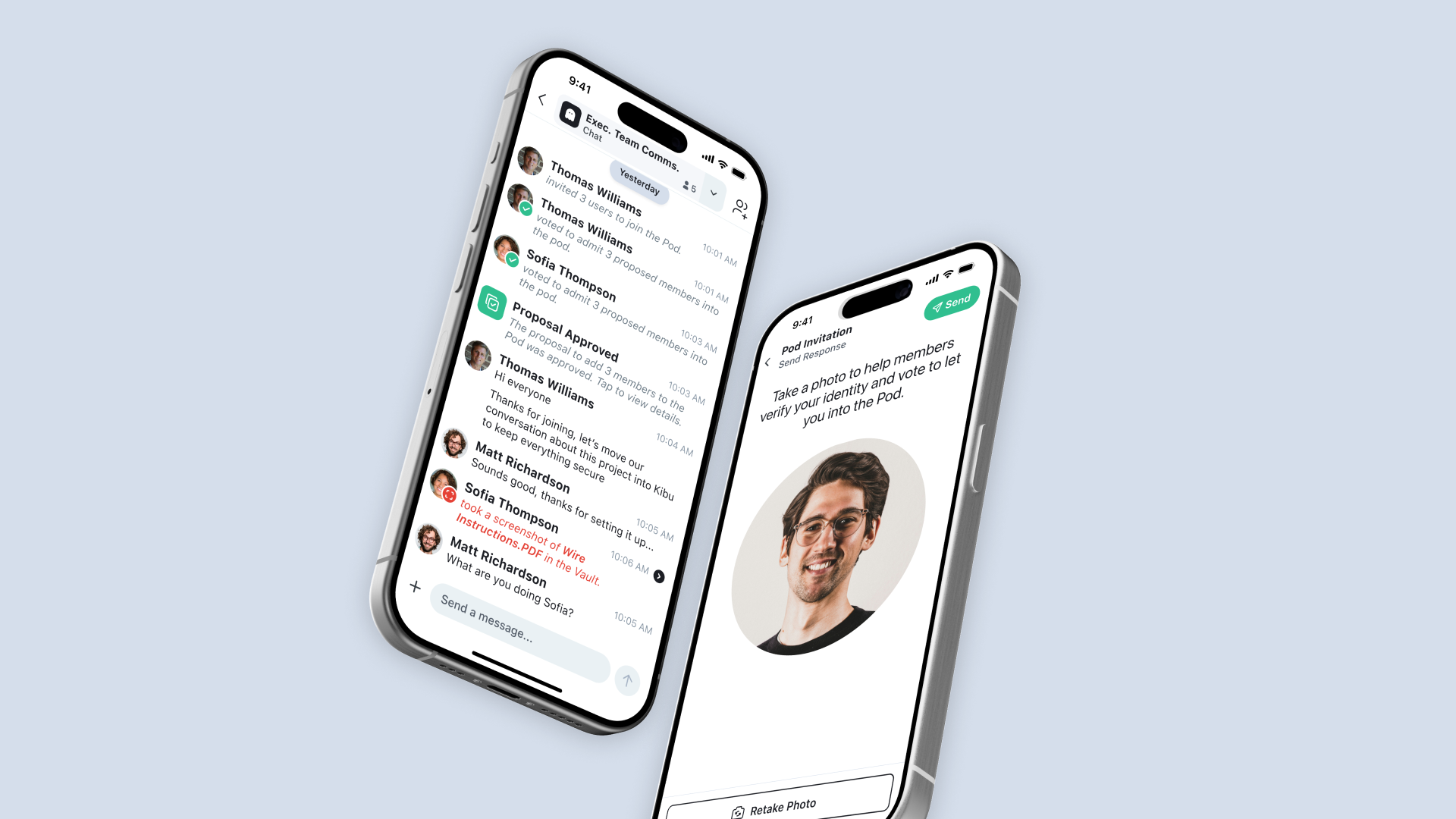 Kibu pod chat and invite shown on phones