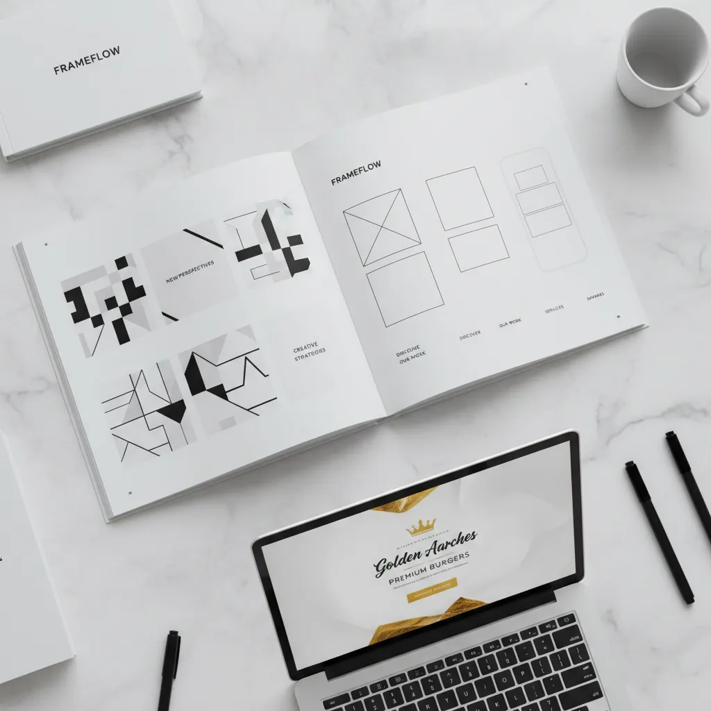 Workspace with an open design book showing abstract layouts and wireframes, a laptop displaying a Golden Arches premium burgers website, two black pens, and a white mug on a marble surface.
