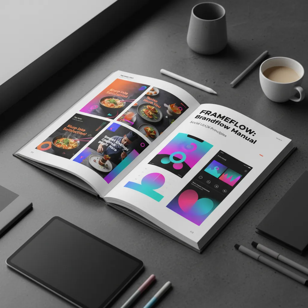 Open booklet titled FRAMEFLOW Brandflow Manual showing colorful design layouts on a gray desk with pens, a tablet, a cup of coffee, and a ceramic cup.