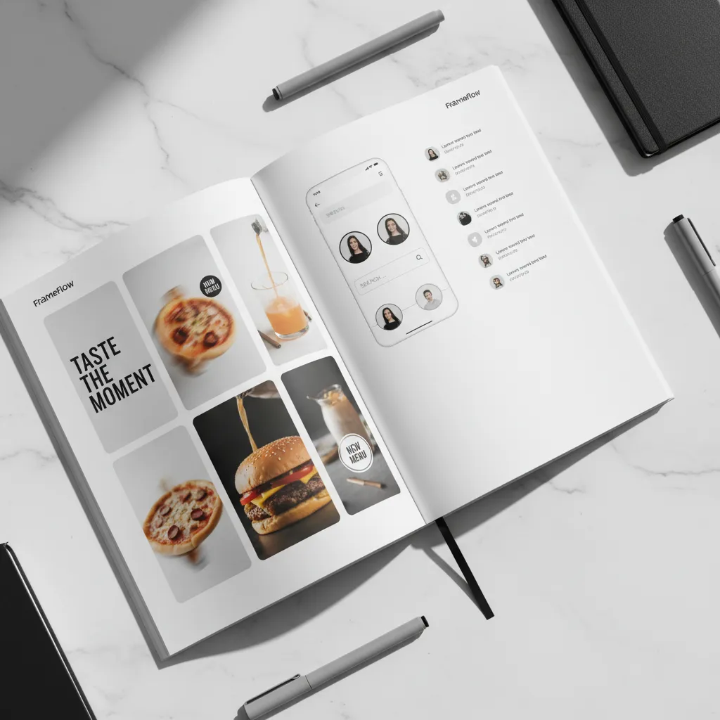 Open magazine on marble table featuring food photos including pizza, burger, and drinks alongside a mobile app design with profile icons.