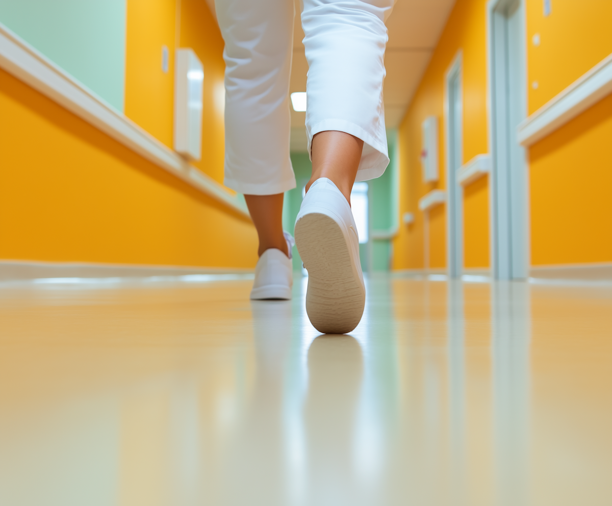 Person Walking in Vibrant Hallway