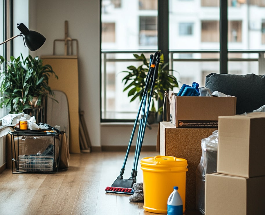 Cleaning tools and supplies including brooms, a yellow bucket, and cardboard boxes in a bright living room with plants and large windows.