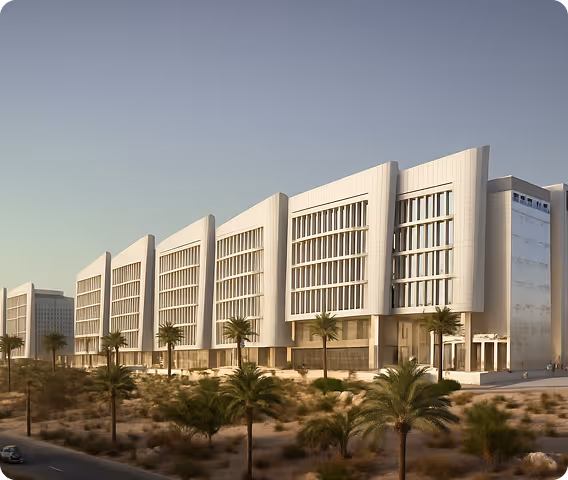 Modern white multi-story building with large vertical windows and palm trees in front under clear sky.