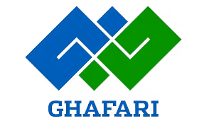 Logo with blue and green geometric shapes forming an abstract pattern above the word GHAFARI.
