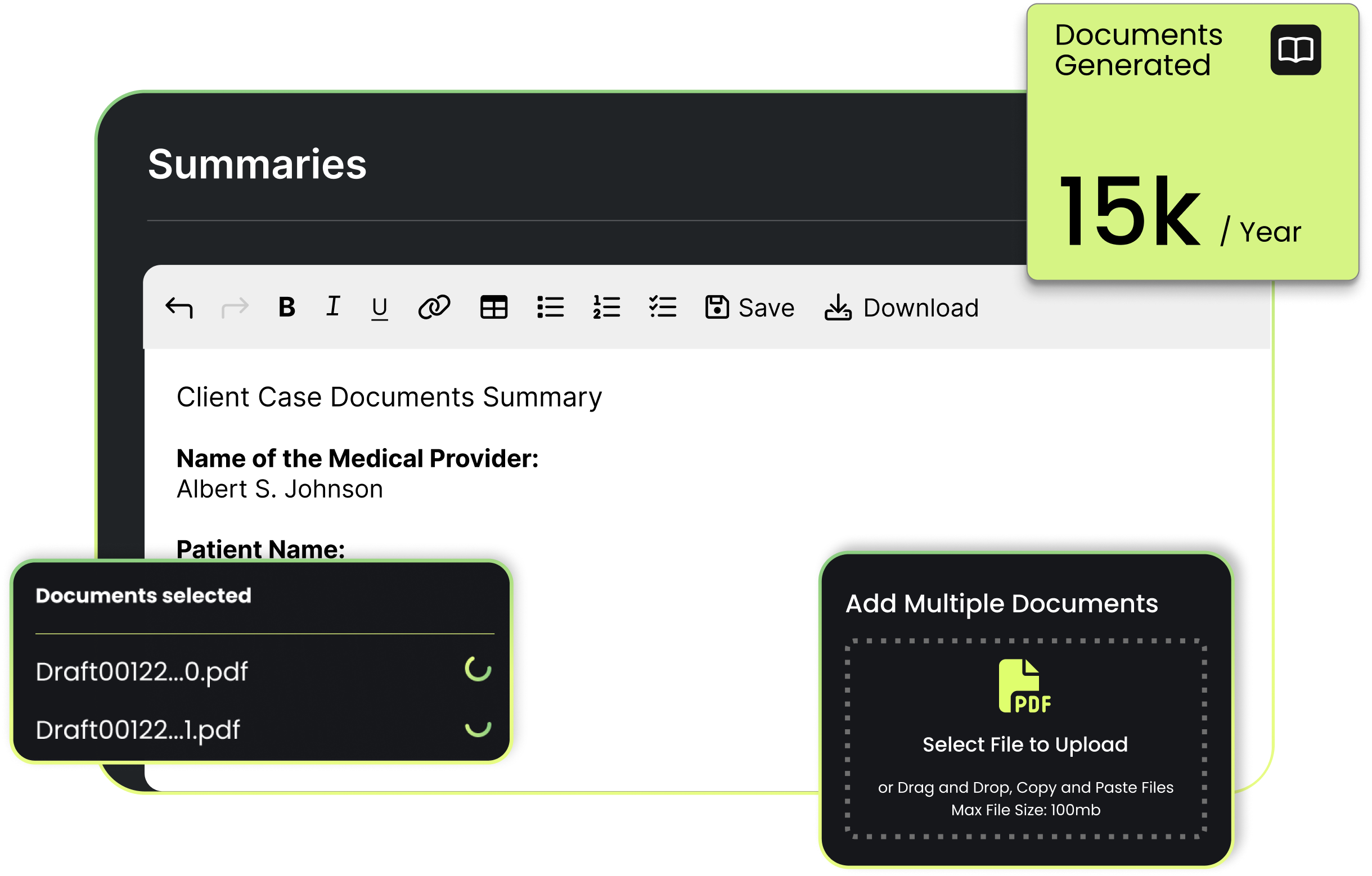 User interface showing a Medical Document Summary editor with uploaded PDF files, a section to add multiple documents, and a stats box indicating 15k documents generated per year.